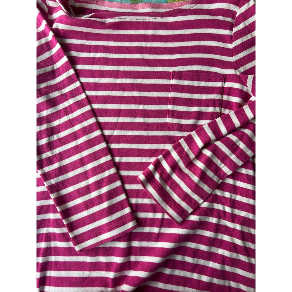 Talbots Stretch Weekend Tee Women's Medium Pink White‎ Stripe Pocket Boat Neck - Picture 2 of 7